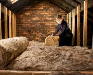 Worker installing batt insulation rolls in a tall attic space next to a brick wall.