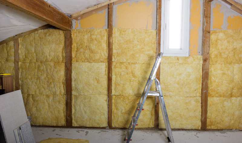 A room with an angled ceiling under construction, showing an outer wall insulated with fiberglass.