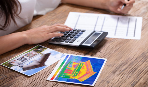 Person calculating energy efficiency using thermal building images.