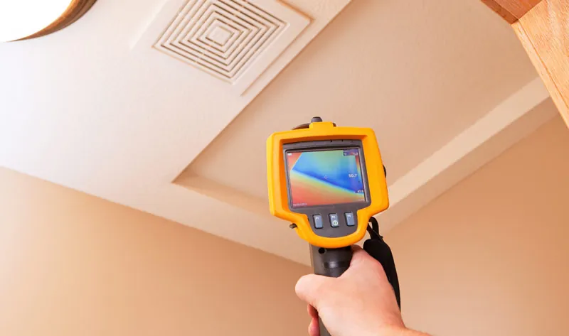 Person using a thermal imaging camera to inspect ceiling insulation and ventilation during a home energy audit.