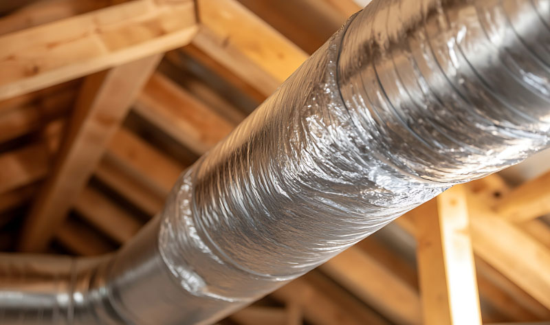 Close-up of flexible HVAC ductwork inside an attic showing part of the home’s ventilation and airflow system.