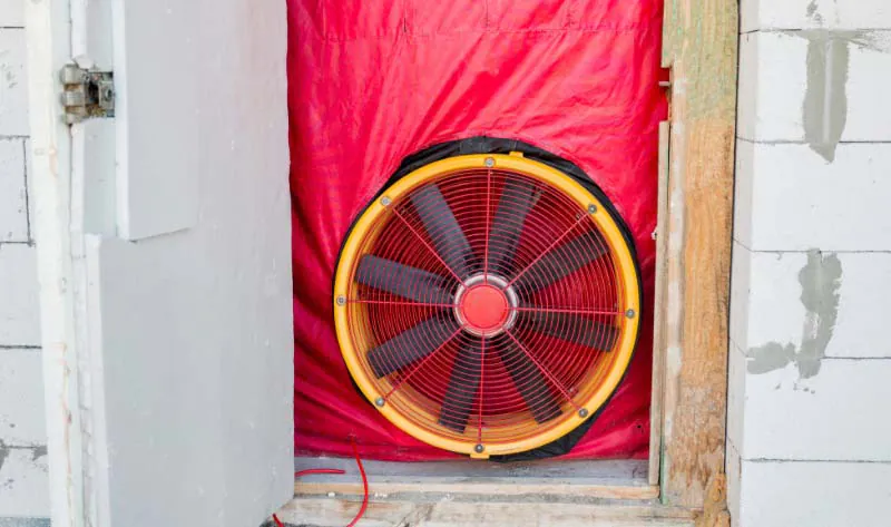 Blower door test: Testing the house for airtightness, on the front door of a home.